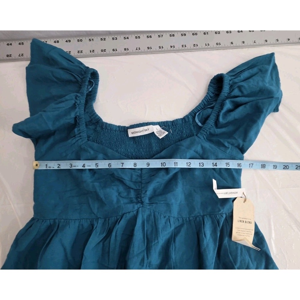 NWT Midnight Sky L Babydoll Smocked Flutter Sleeve Green Top Women's Boho Blouse - Picture 3 of 7